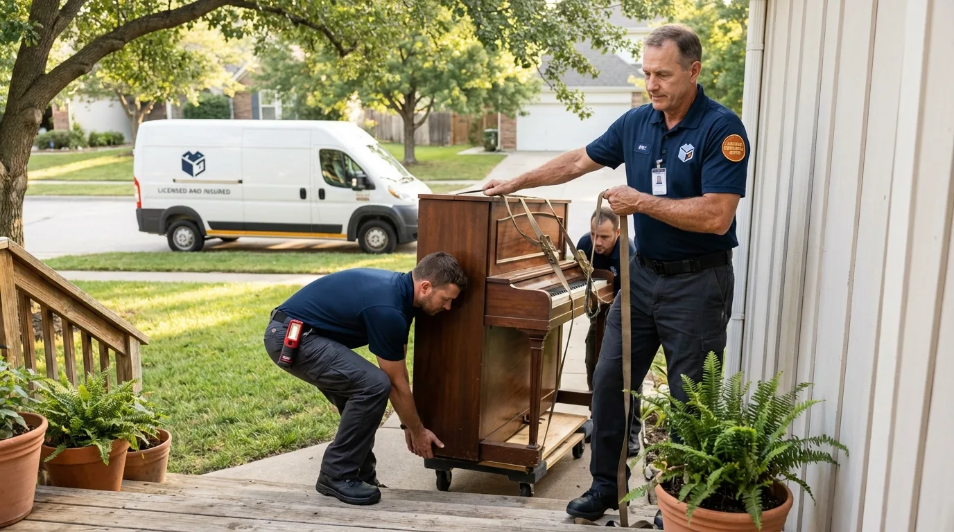 Licensed piano movers securing grand piano in Saratoga Springs, UT
