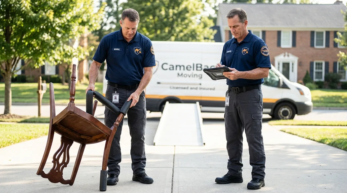 Movers inspecting furniture for damage prevention before loading in Saratoga Springs, UT