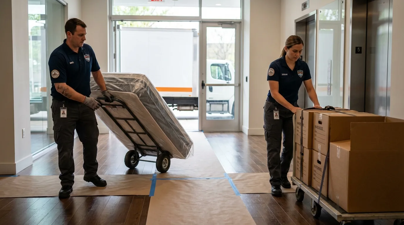 Professional apartment movers loading elevator in Saratoga Springs, UT
