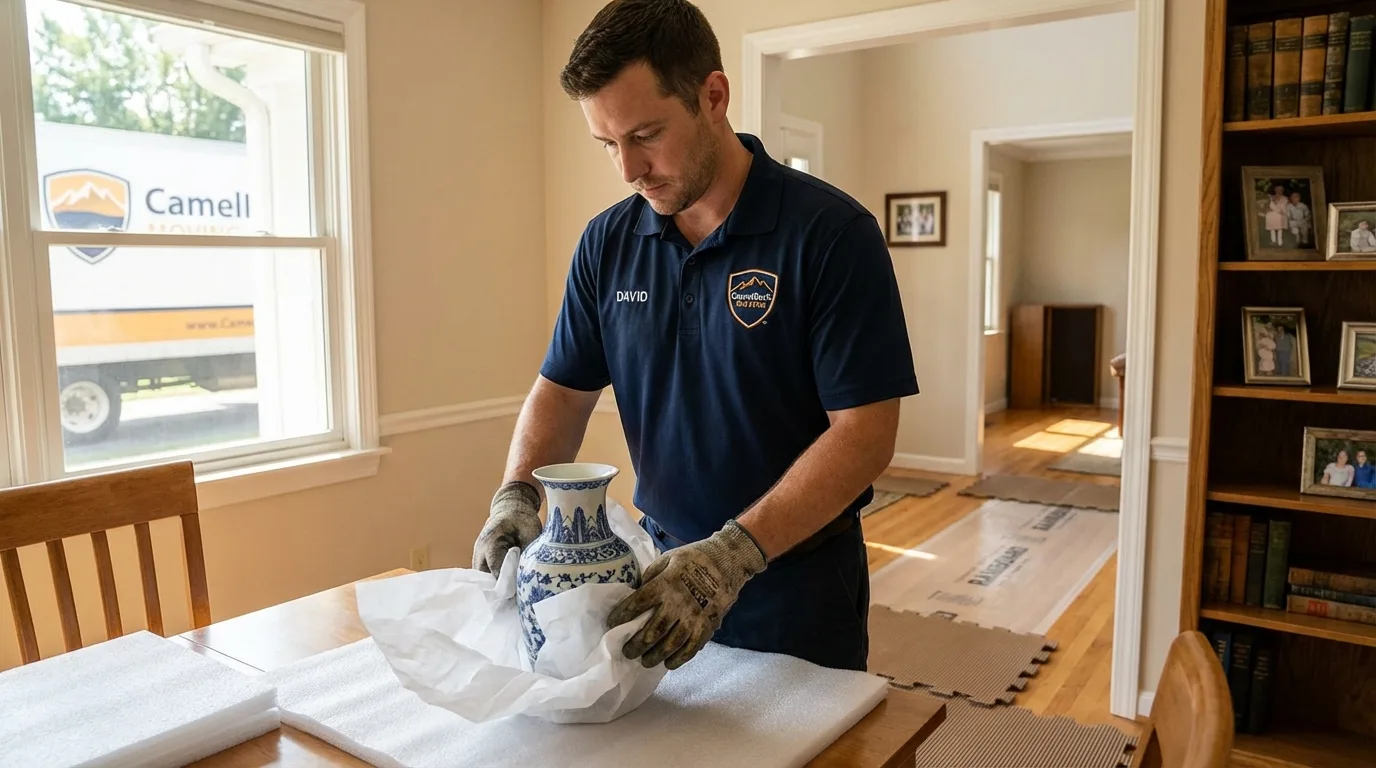 Professional crew carefully wrapping antique vase for senior downsizing move in Saratoga Springs, UT